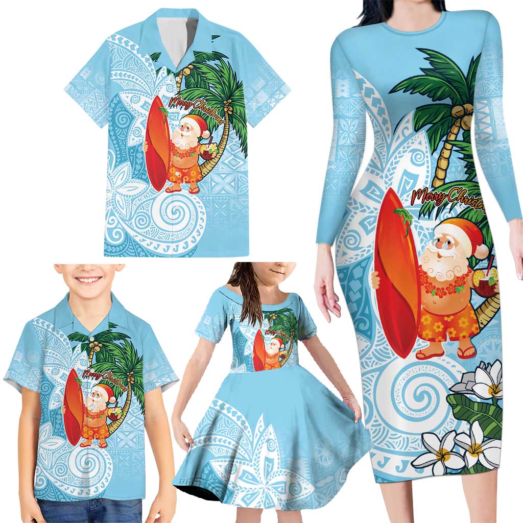 Polynesian Family Matching Long Sleeve Bodycon Dress and Hawaiian Shirt Tropical Santa - Plumeria Turquoise Vintage