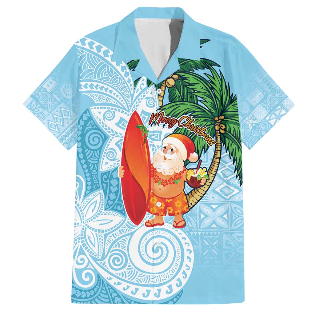 Polynesian Family Matching Long Sleeve Bodycon Dress and Hawaiian Shirt Tropical Santa - Plumeria Turquoise Vintage