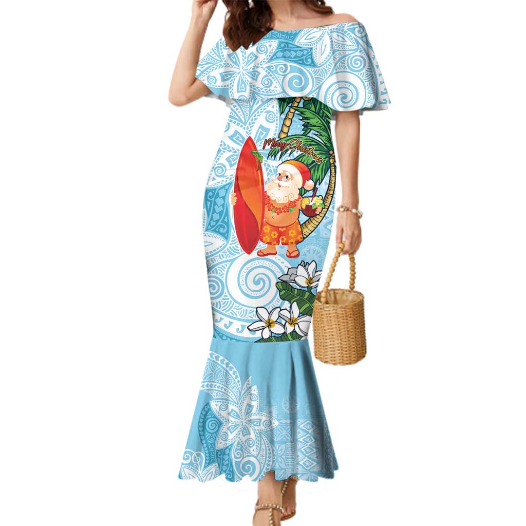 Polynesian Family Matching Mermaid Dress and Hawaiian Shirt Tropical Santa - Plumeria Turquoise Vintage