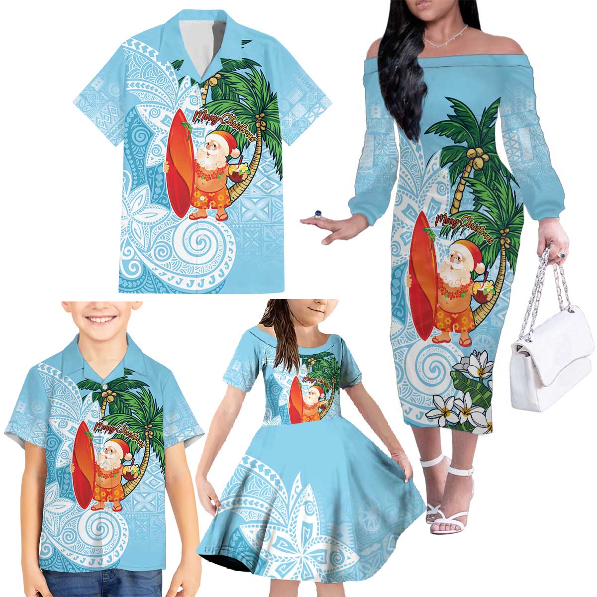 Polynesian Family Matching Off The Shoulder Long Sleeve Dress and Hawaiian Shirt Tropical Santa - Plumeria Turquoise Vintage