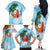 Polynesian Family Matching Off The Shoulder Long Sleeve Dress and Hawaiian Shirt Tropical Santa - Plumeria Turquoise Vintage