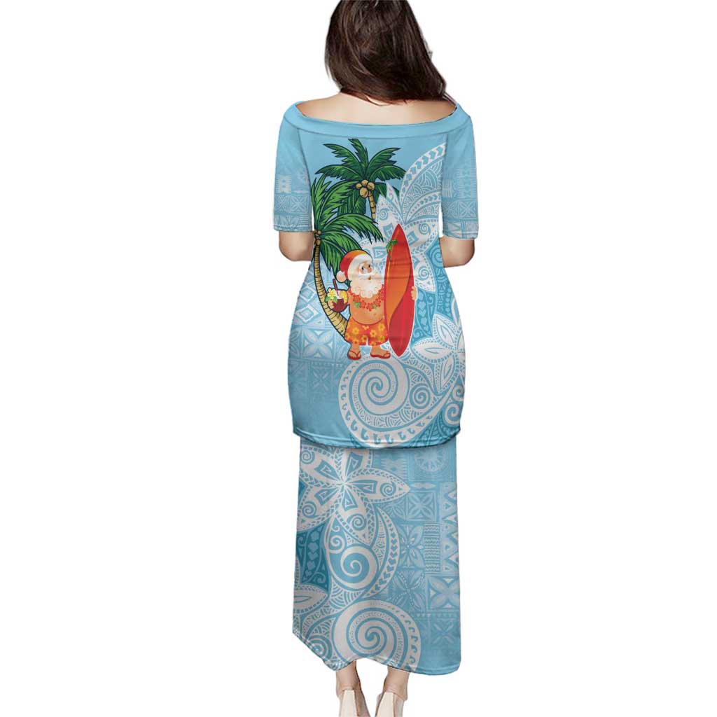 Polynesian Family Matching Puletasi and Hawaiian Shirt Tropical Santa - Plumeria Turquoise Vintage