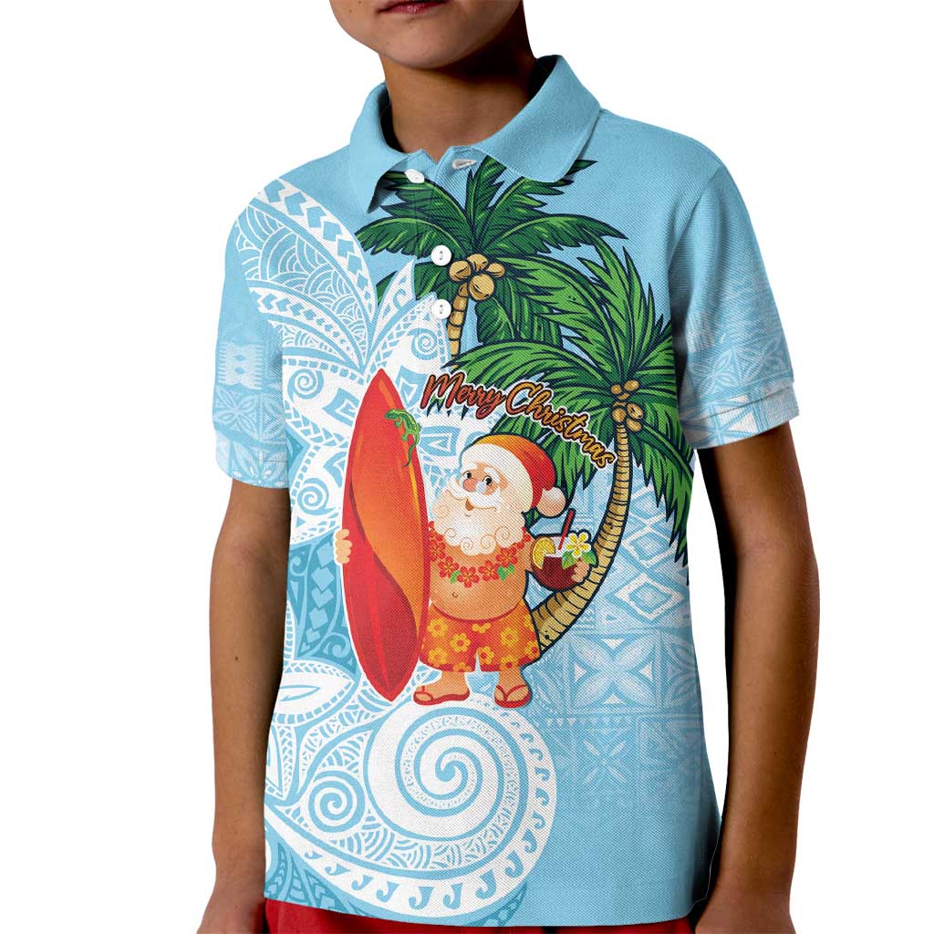 Polynesian Kid Polo Shirt Tropical Santa - Plumeria Turquoise Vintage