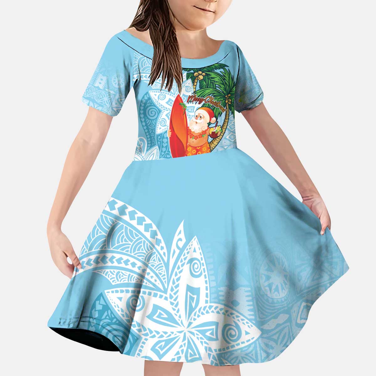 Polynesian Kid Short Sleeve Dress Tropical Santa - Plumeria Turquoise Vintage