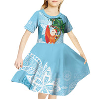 Polynesian Kid Short Sleeve Dress Tropical Santa - Plumeria Turquoise Vintage