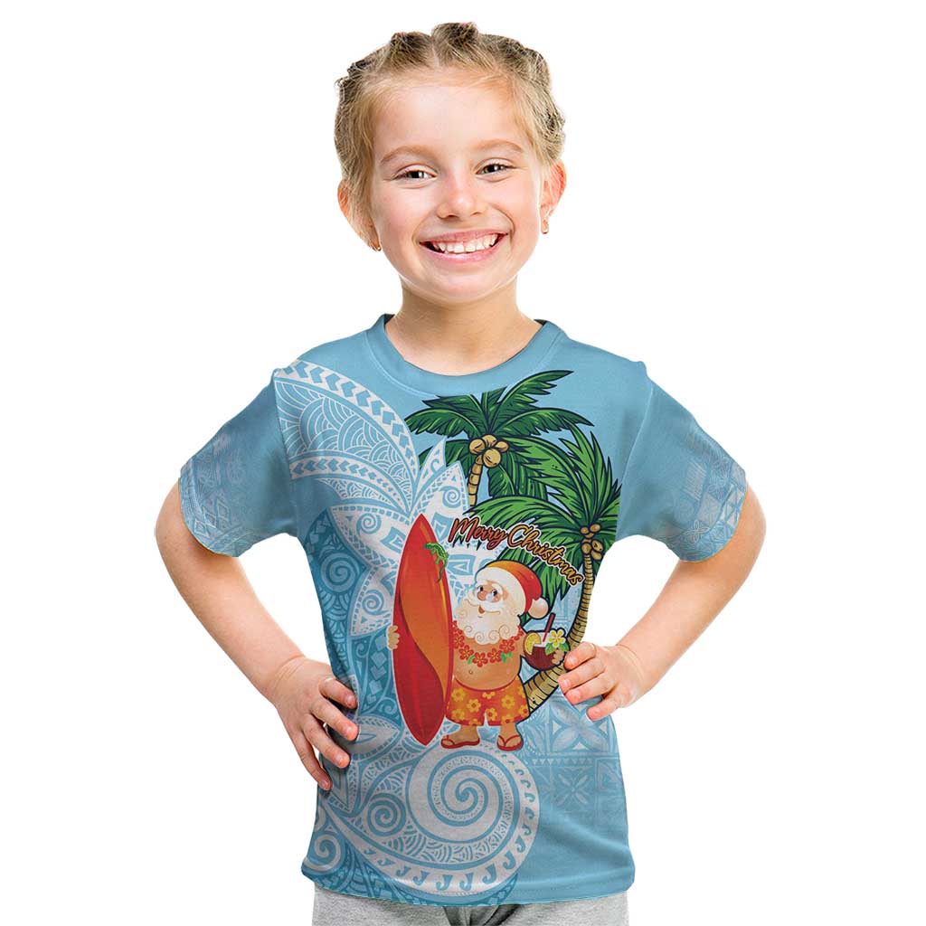 Polynesian Kid T Shirt Tropical Santa - Plumeria Turquoise Vintage