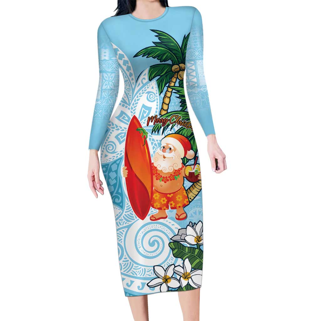 Polynesian Long Sleeve Bodycon Dress Tropical Santa - Plumeria Turquoise Vintage