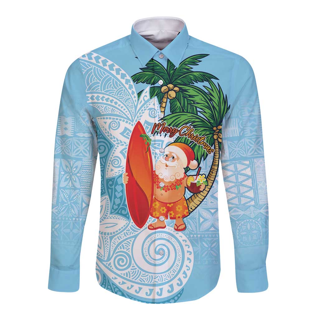 Polynesian Long Sleeve Button Shirt Tropical Santa - Plumeria Turquoise Vintage