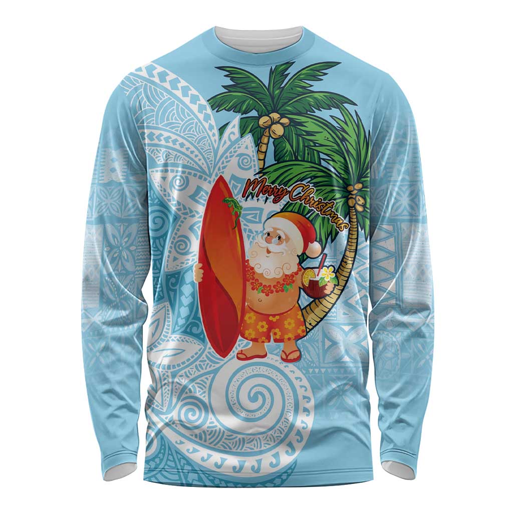 Polynesian Long Sleeve Shirt Tropical Santa - Plumeria Turquoise Vintage