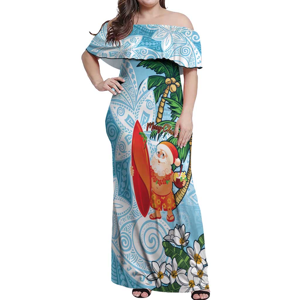 Polynesian Off Shoulder Maxi Dress Tropical Santa - Plumeria Turquoise Vintage LT7 Women Turquoise - Polynesian Pride