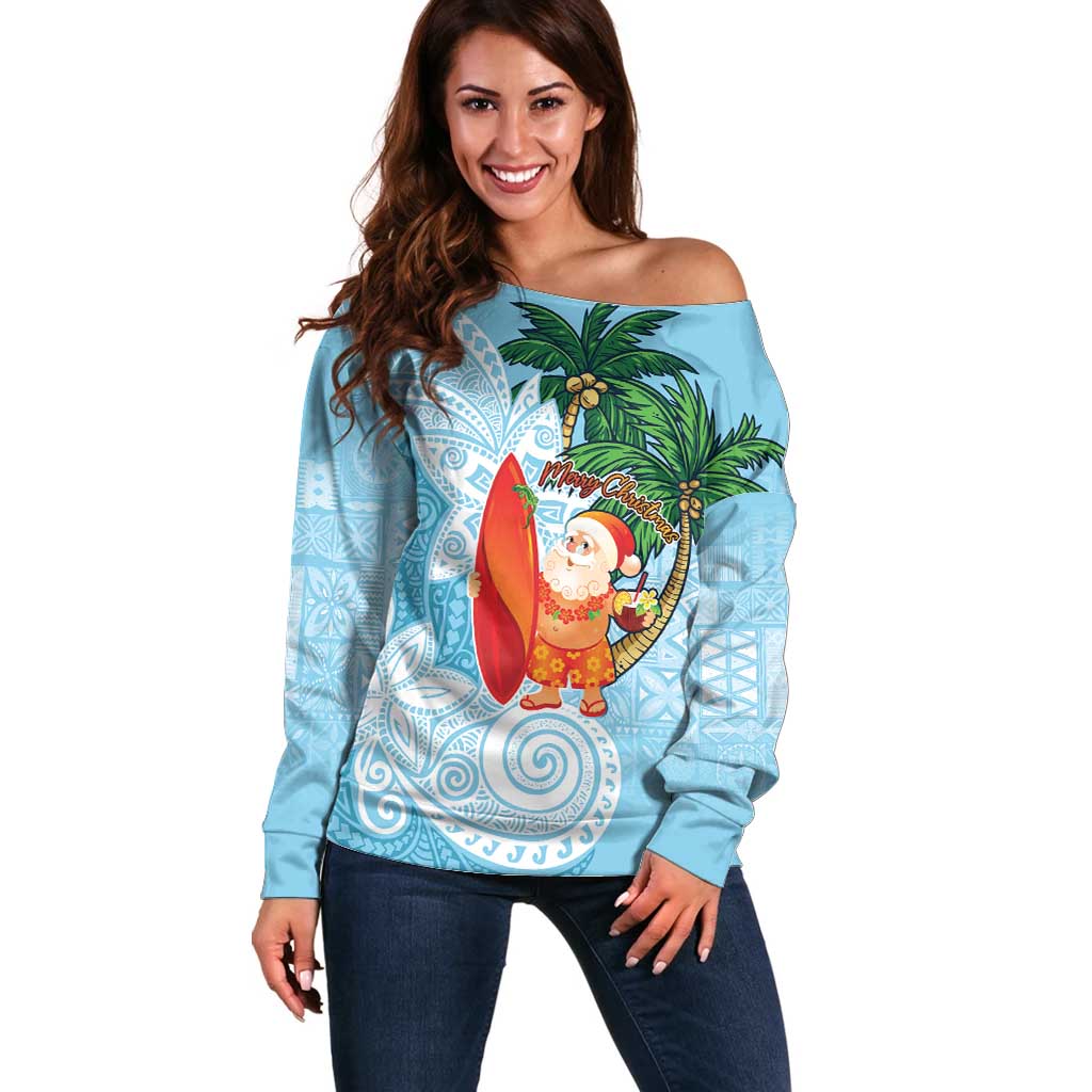 Polynesian Off Shoulder Sweater Tropical Santa - Plumeria Turquoise Vintage