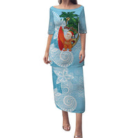Polynesian Puletasi Tropical Santa - Plumeria Turquoise Vintage LT7 Long Dress Turquoise - Polynesian Pride