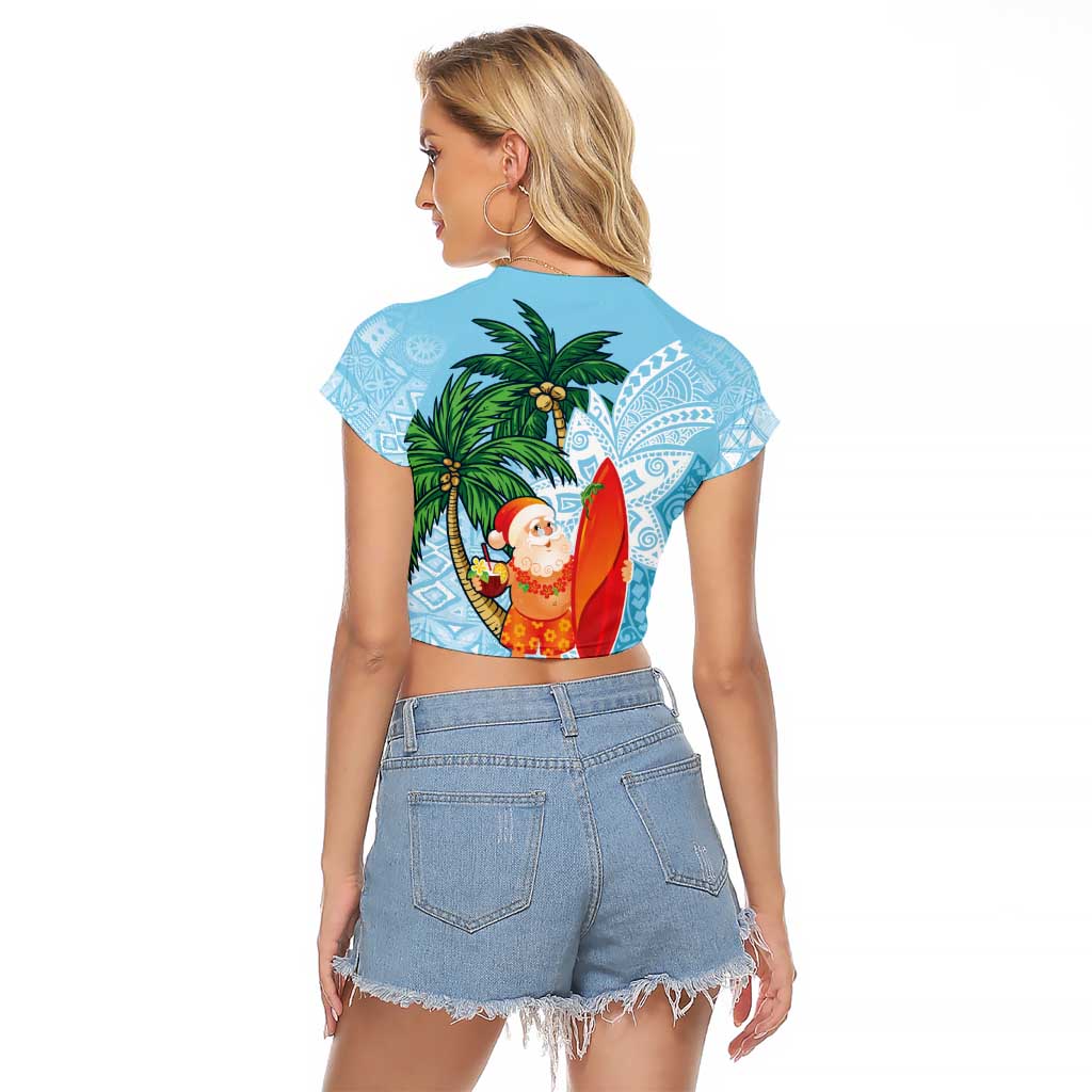 Polynesian Raglan Cropped T Shirt Tropical Santa - Plumeria Turquoise Vintage LT7 - Polynesian Pride