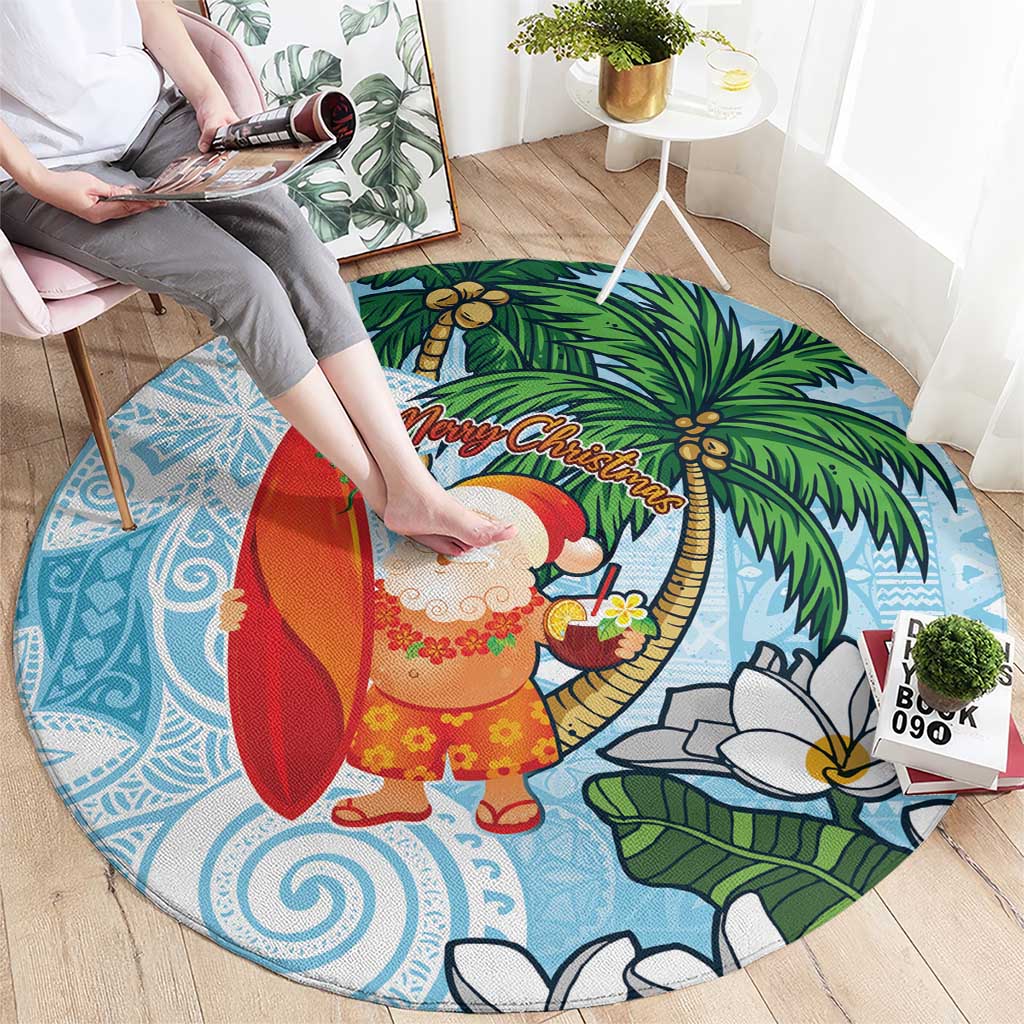 Polynesian Round Carpet Tropical Santa - Plumeria Turquoise Vintage