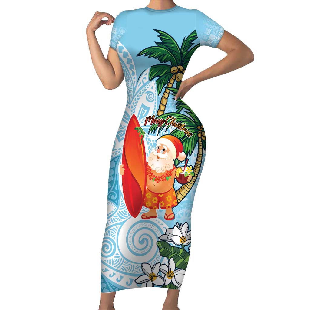 Polynesian Short Sleeve Bodycon Dress Tropical Santa - Plumeria Turquoise Vintage