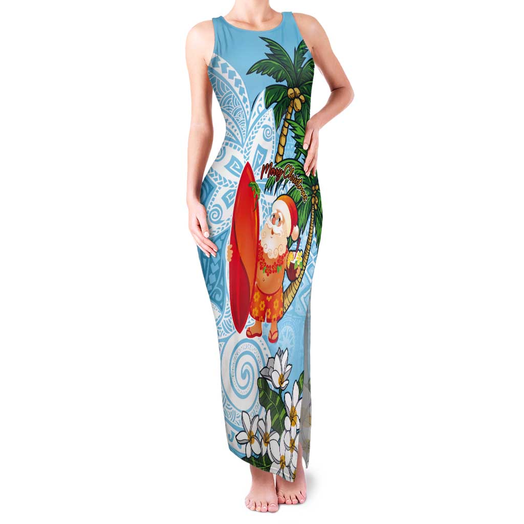 Polynesian Tank Maxi Dress Tropical Santa - Plumeria Turquoise Vintage LT7 Women Turquoise - Polynesian Pride