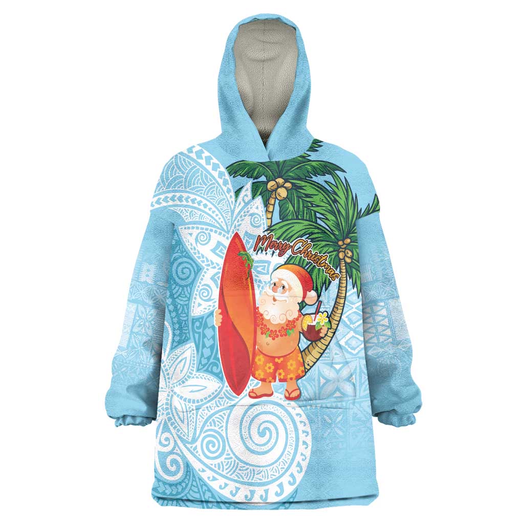 Polynesian Wearable Blanket Hoodie Tropical Santa - Plumeria Turquoise Vintage