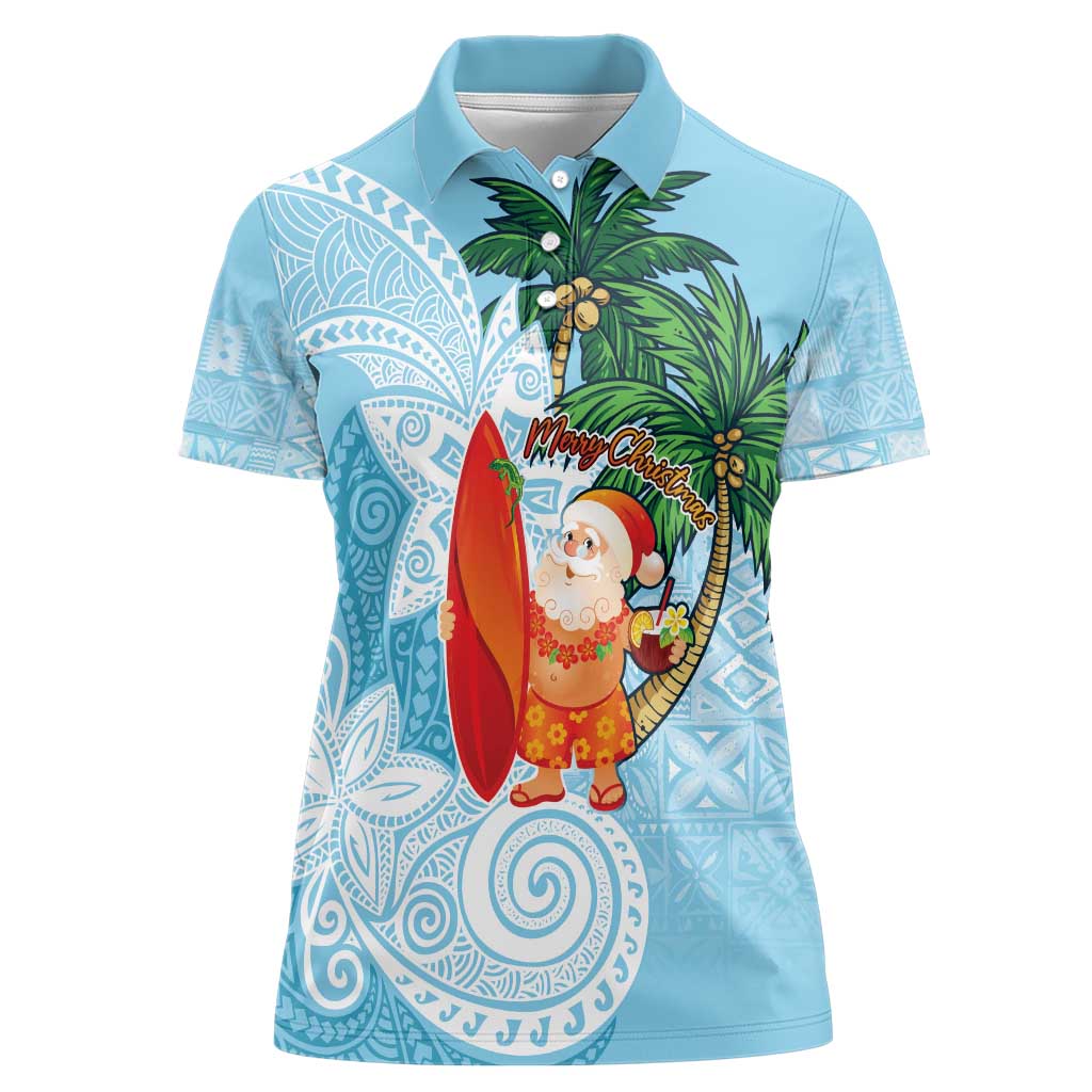 Polynesian Women Polo Shirt Tropical Santa - Plumeria Turquoise Vintage