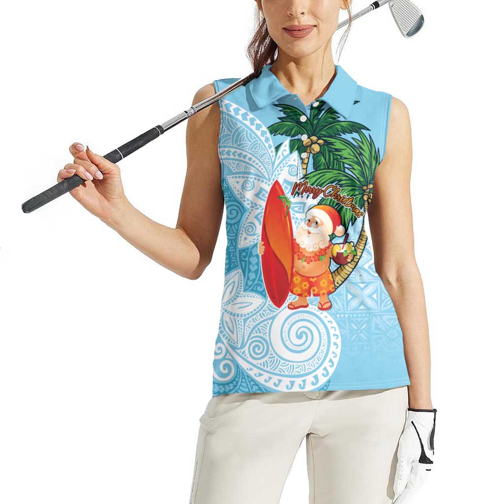 Polynesian Women Sleeveless Polo Shirt Tropical Santa - Plumeria Turquoise Vintage