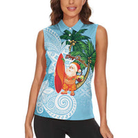 Polynesian Women Sleeveless Polo Shirt Tropical Santa - Plumeria Turquoise Vintage