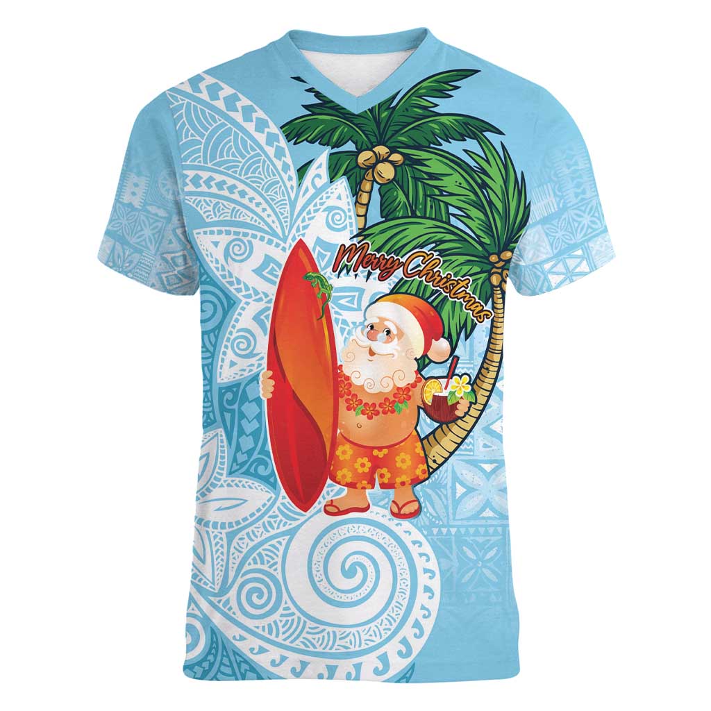 Polynesian Women V-Neck T-Shirt Tropical Santa - Plumeria Turquoise Vintage LT7 Female Turquoise - Polynesian Pride