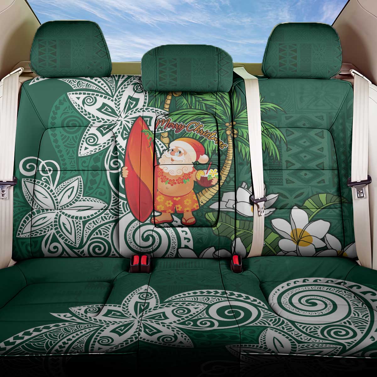 Polynesian Back Car Seat Cover Tropical Santa - Plumeria Green Vintage