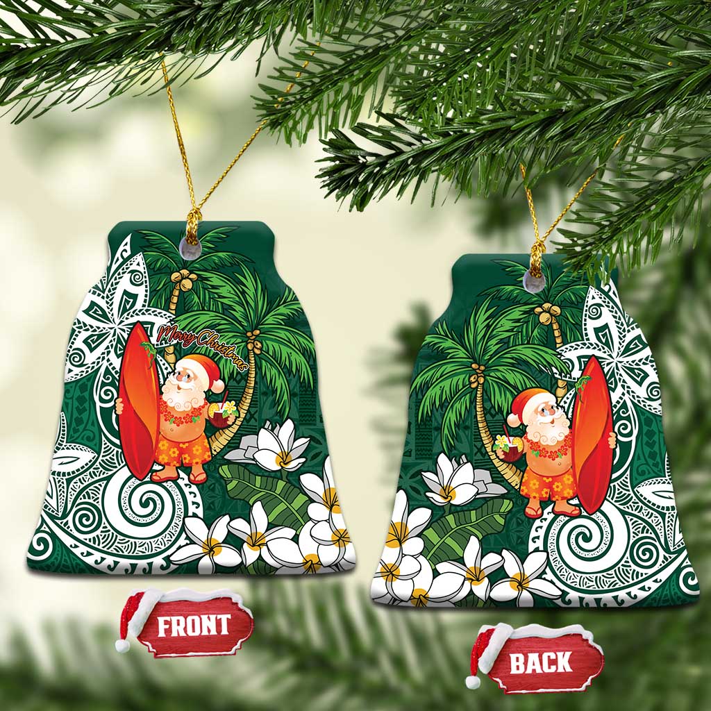 Polynesian Ceramic Ornament Tropical Santa - Plumeria Green Vintage LT7 Bell Flake Green - Polynesian Pride