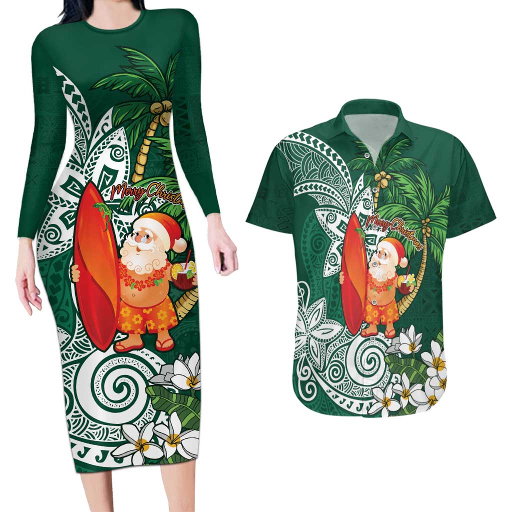 Polynesian Couples Matching Long Sleeve Bodycon Dress and Hawaiian Shirt Tropical Santa - Plumeria Green Vintage