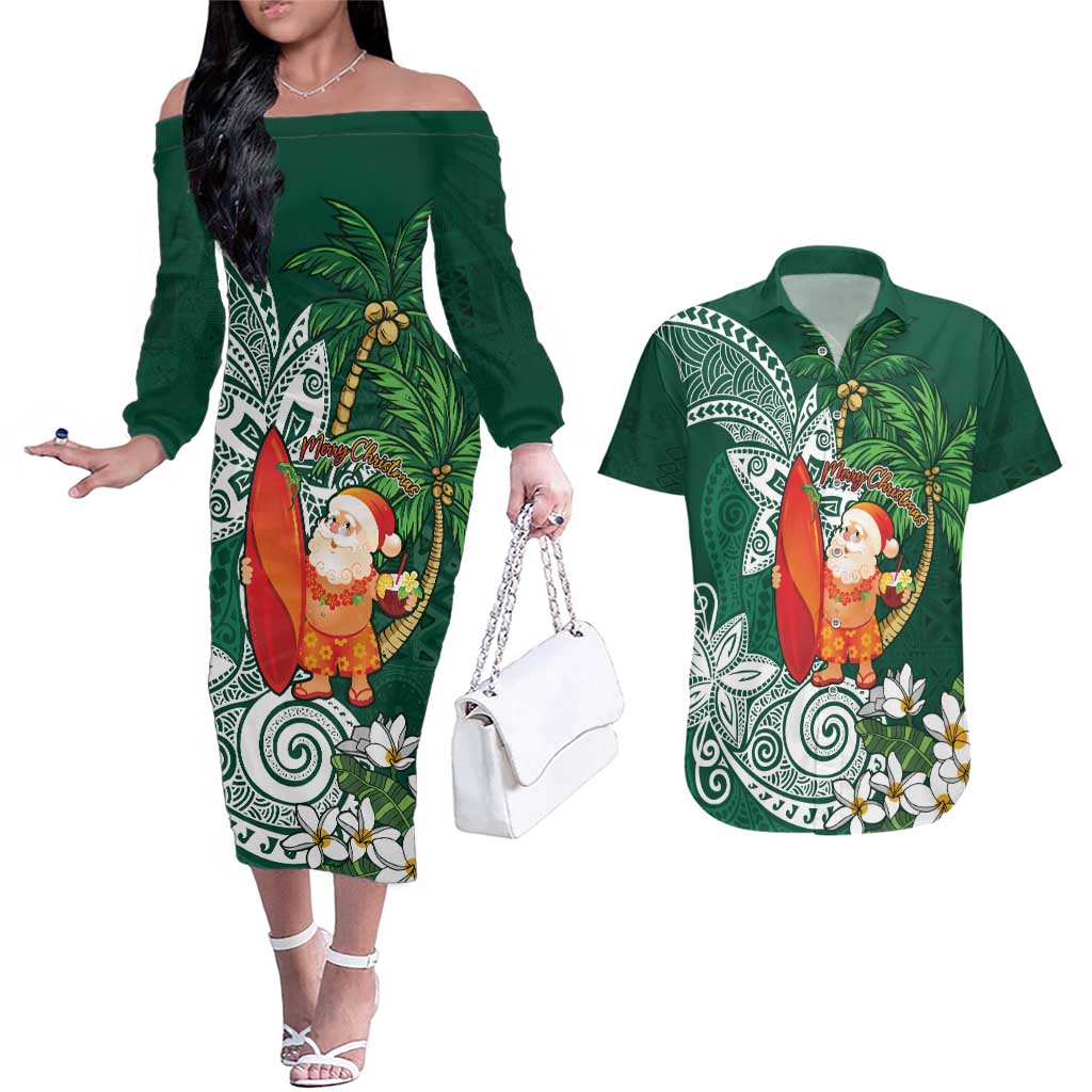 Polynesian Couples Matching Off The Shoulder Long Sleeve Dress and Hawaiian Shirt Tropical Santa - Plumeria Green Vintage