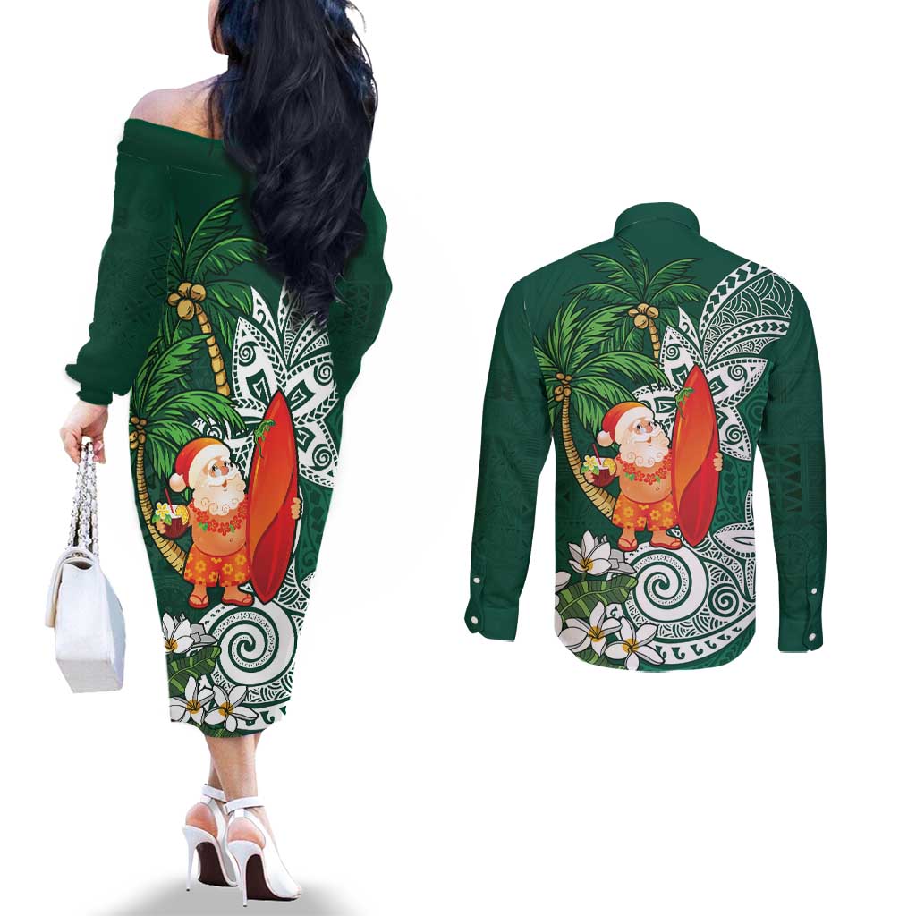 Polynesian Couples Matching Off The Shoulder Long Sleeve Dress and Long Sleeve Button Shirt Tropical Santa - Plumeria Green Vintage