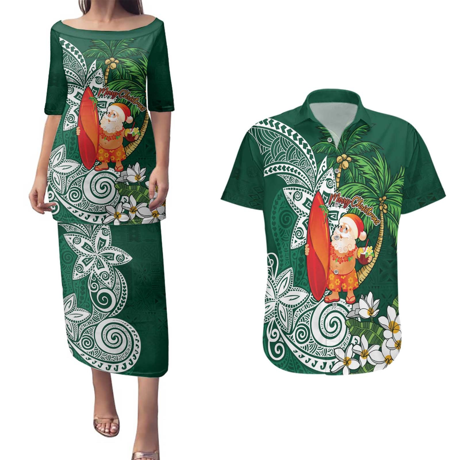 Polynesian Couples Matching Puletasi and Hawaiian Shirt Tropical Santa - Plumeria Green Vintage LT7 Green - Polynesian Pride