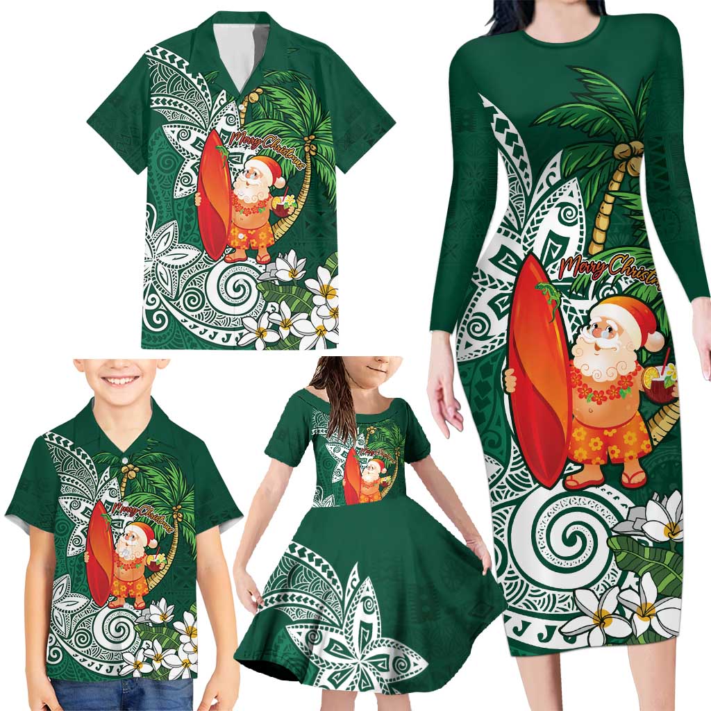 Polynesian Family Matching Long Sleeve Bodycon Dress and Hawaiian Shirt Tropical Santa - Plumeria Green Vintage