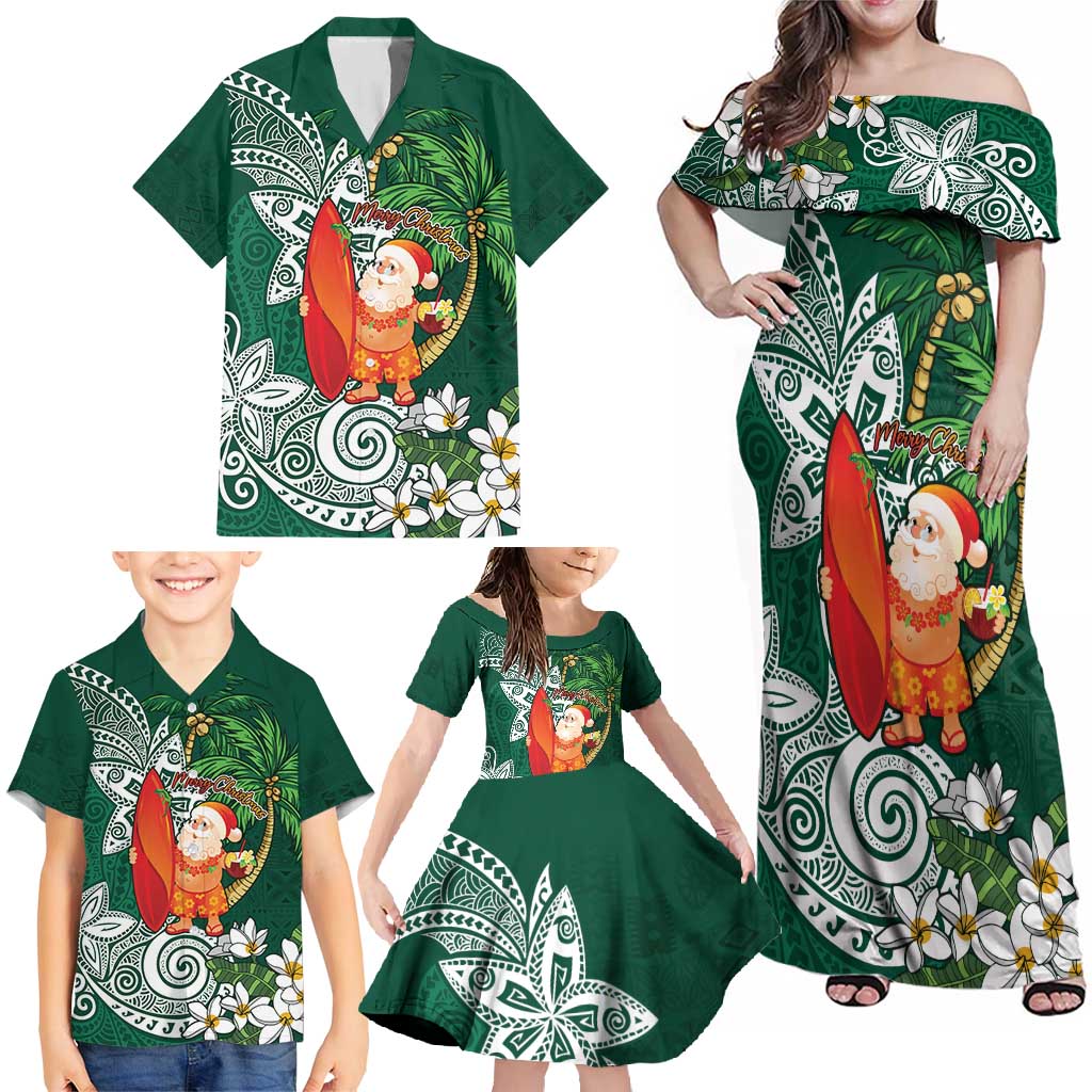 Polynesian Family Matching Off Shoulder Maxi Dress and Hawaiian Shirt Tropical Santa - Plumeria Green Vintage