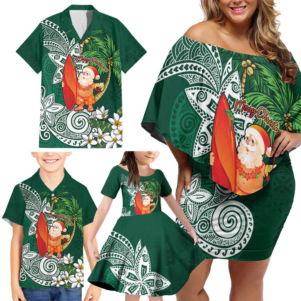 Polynesian Family Matching Off Shoulder Short Dress and Hawaiian Shirt Tropical Santa - Plumeria Green Vintage