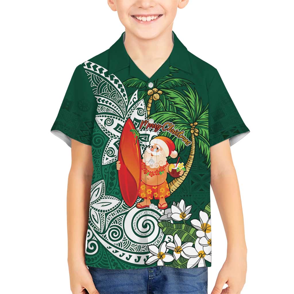 Polynesian Family Matching Off Shoulder Short Dress and Hawaiian Shirt Tropical Santa - Plumeria Green Vintage