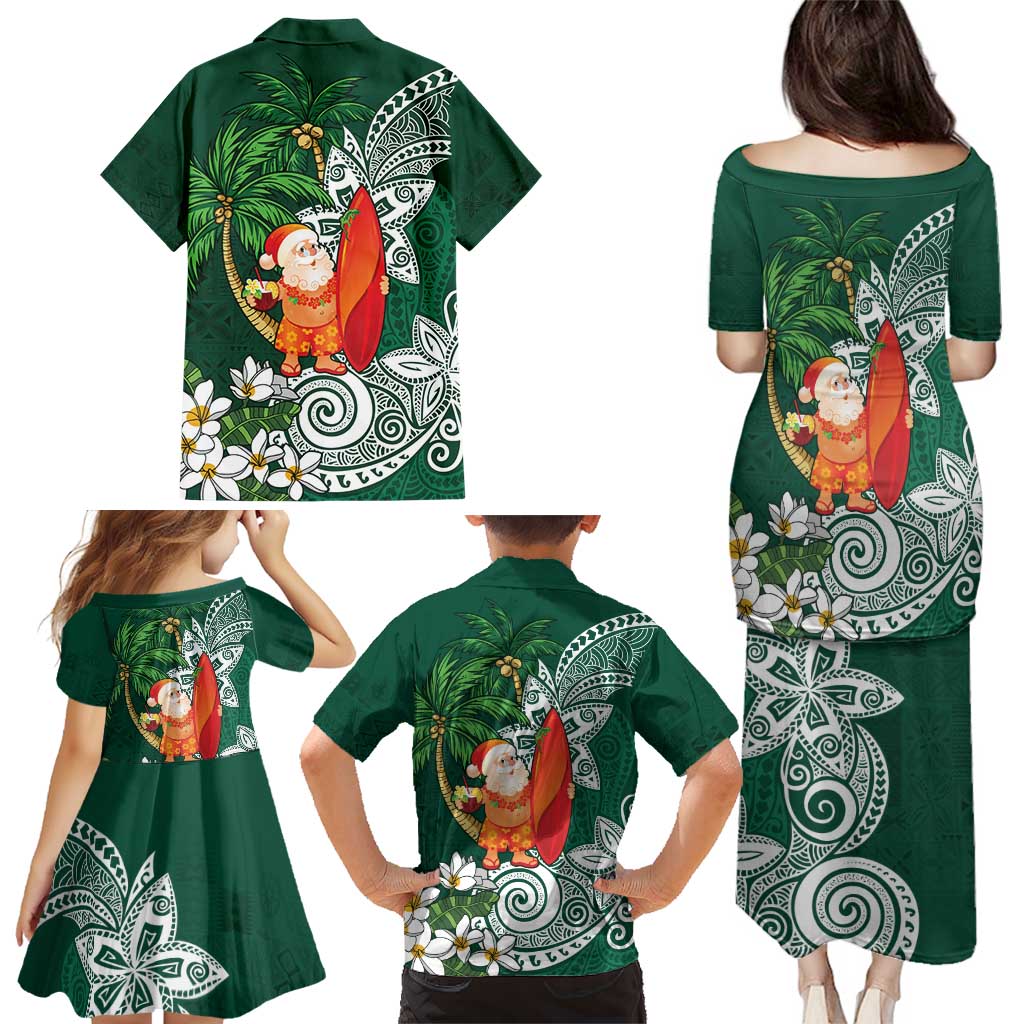 Polynesian Family Matching Puletasi and Hawaiian Shirt Tropical Santa - Plumeria Green Vintage