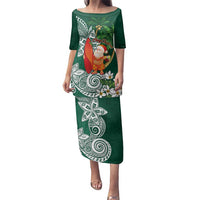Polynesian Family Matching Puletasi and Hawaiian Shirt Tropical Santa - Plumeria Green Vintage