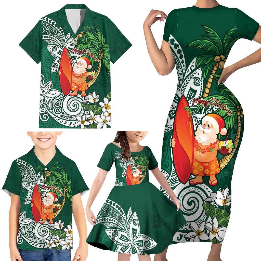 Polynesian Family Matching Short Sleeve Bodycon Dress and Hawaiian Shirt Tropical Santa - Plumeria Green Vintage