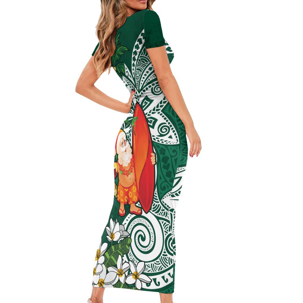 Polynesian Family Matching Short Sleeve Bodycon Dress and Hawaiian Shirt Tropical Santa - Plumeria Green Vintage