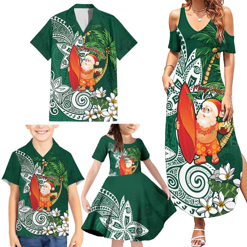 Polynesian Family Matching Summer Maxi Dress and Hawaiian Shirt Tropical Santa - Plumeria Green Vintage