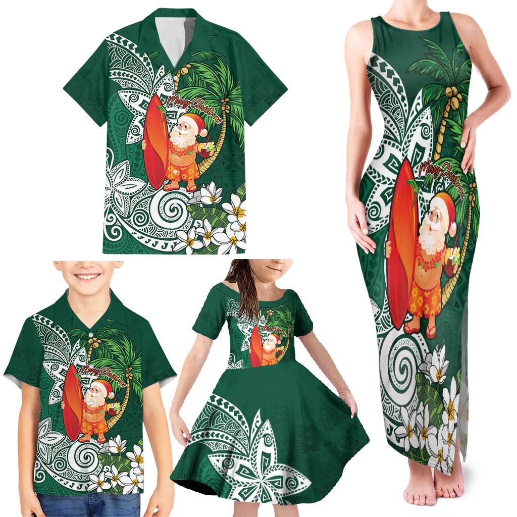 Polynesian Family Matching Tank Maxi Dress and Hawaiian Shirt Tropical Santa - Plumeria Green Vintage