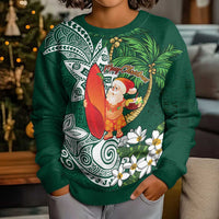 Polynesian Kid Ugly Christmas Sweater Tropical Santa - Plumeria Green Vintage