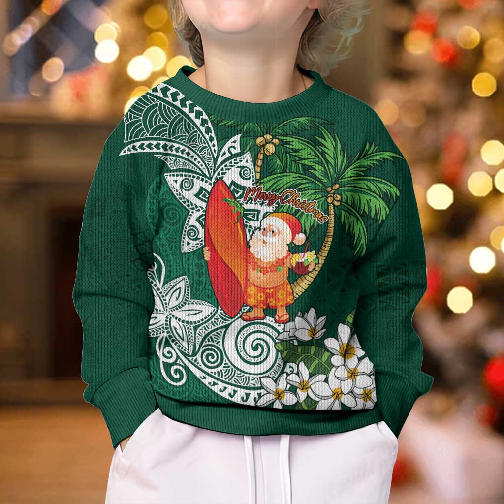 Polynesian Kid Ugly Christmas Sweater Tropical Santa - Plumeria Green Vintage