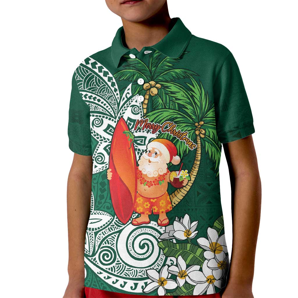 Polynesian Kid Polo Shirt Tropical Santa - Plumeria Green Vintage