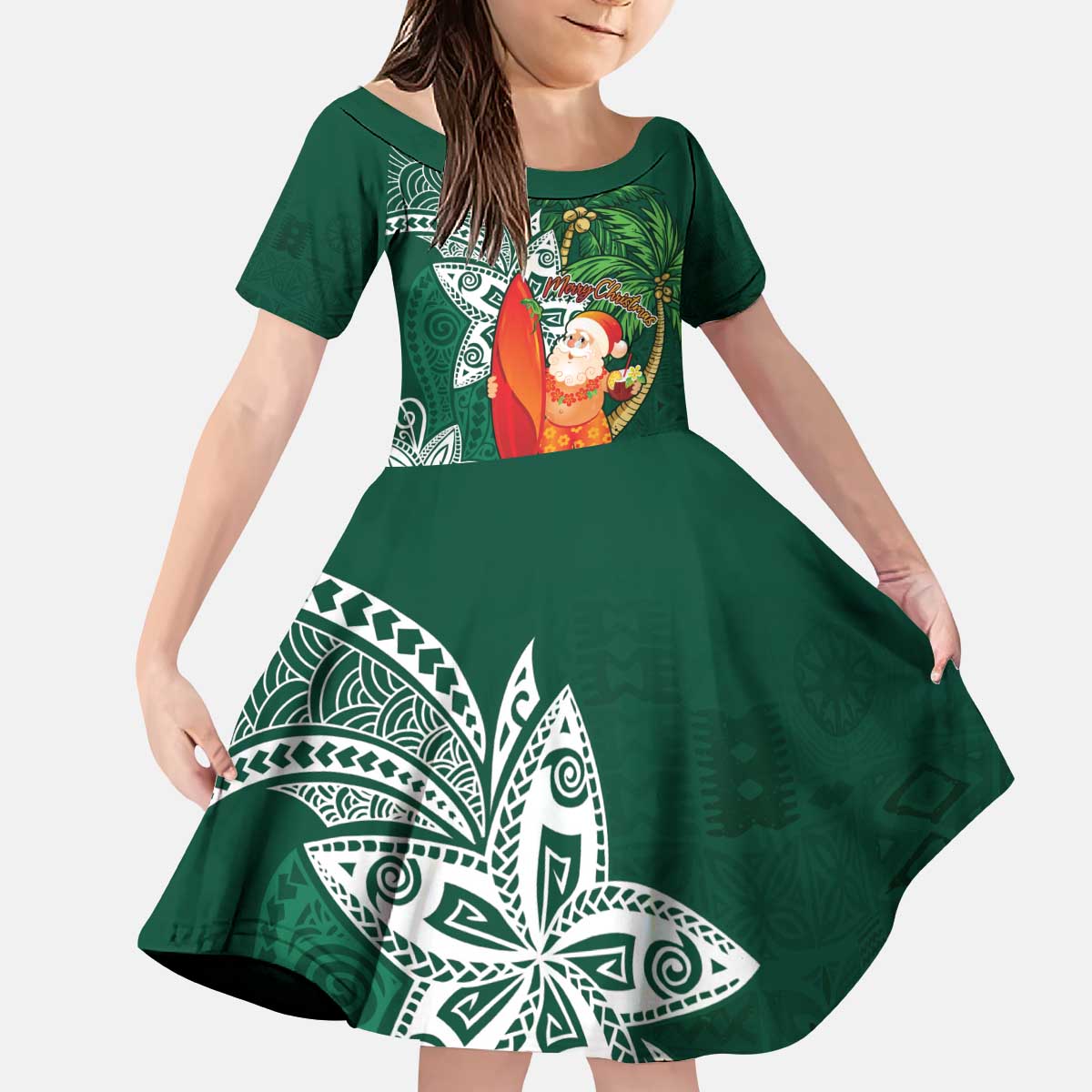 Polynesian Kid Short Sleeve Dress Tropical Santa - Plumeria Green Vintage