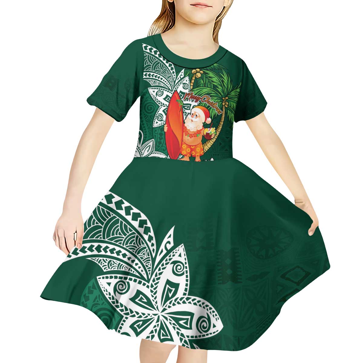 Polynesian Kid Short Sleeve Dress Tropical Santa - Plumeria Green Vintage