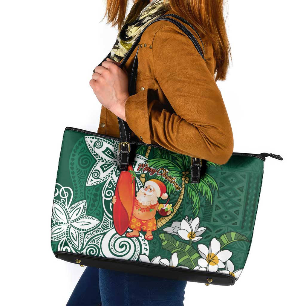 Polynesian Leather Tote Bag Tropical Santa - Plumeria Green Vintage