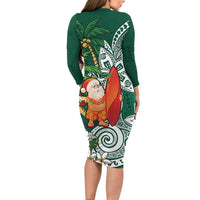 Polynesian Long Sleeve Bodycon Dress Tropical Santa - Plumeria Green Vintage