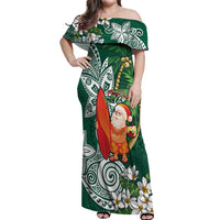 Polynesian Off Shoulder Maxi Dress Tropical Santa - Plumeria Green Vintage LT7 Women Green - Polynesian Pride