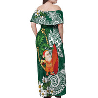 Polynesian Off Shoulder Maxi Dress Tropical Santa - Plumeria Green Vintage LT7 - Polynesian Pride